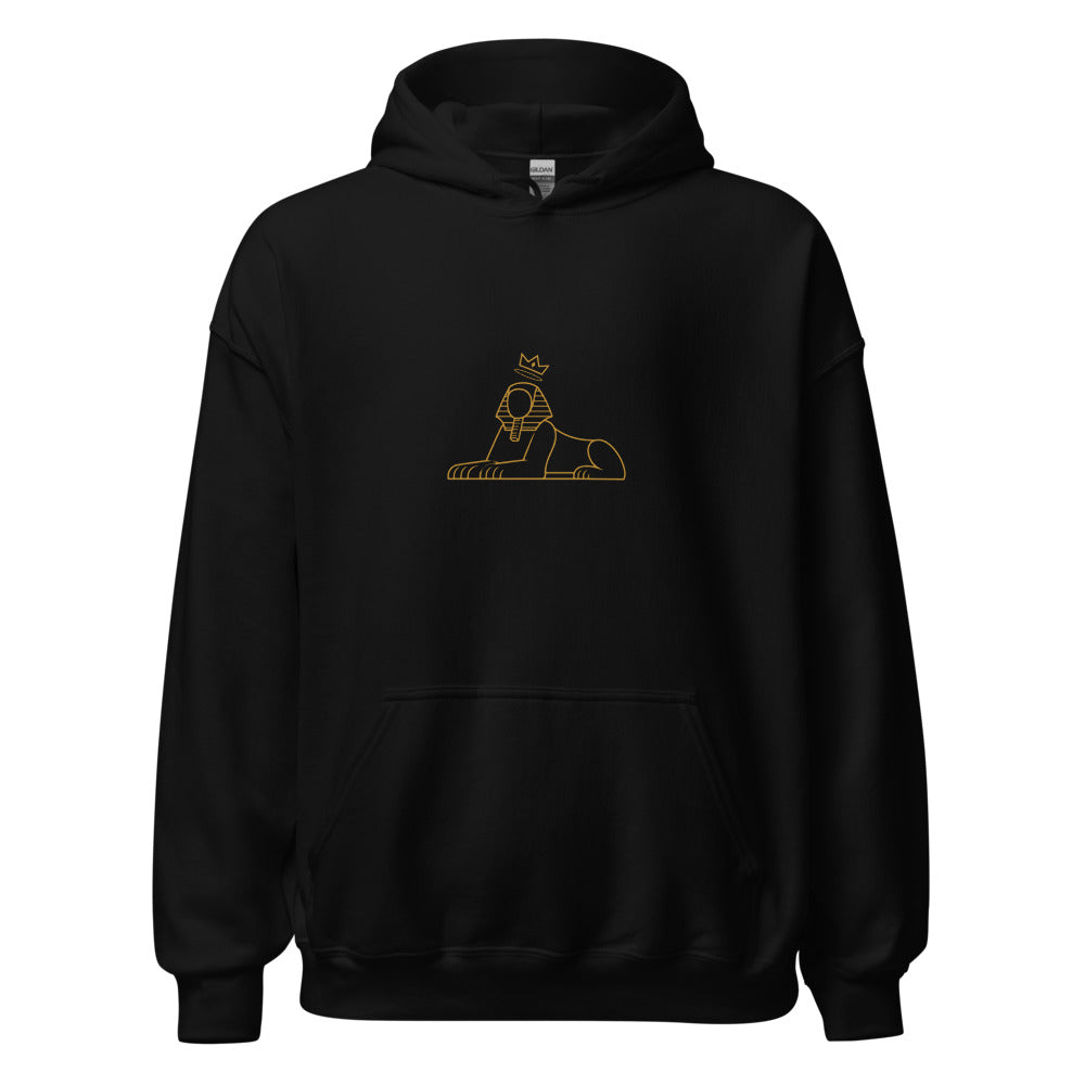 BLACK MAJIC Crown Hoodie in black with gold crowned Sphinx