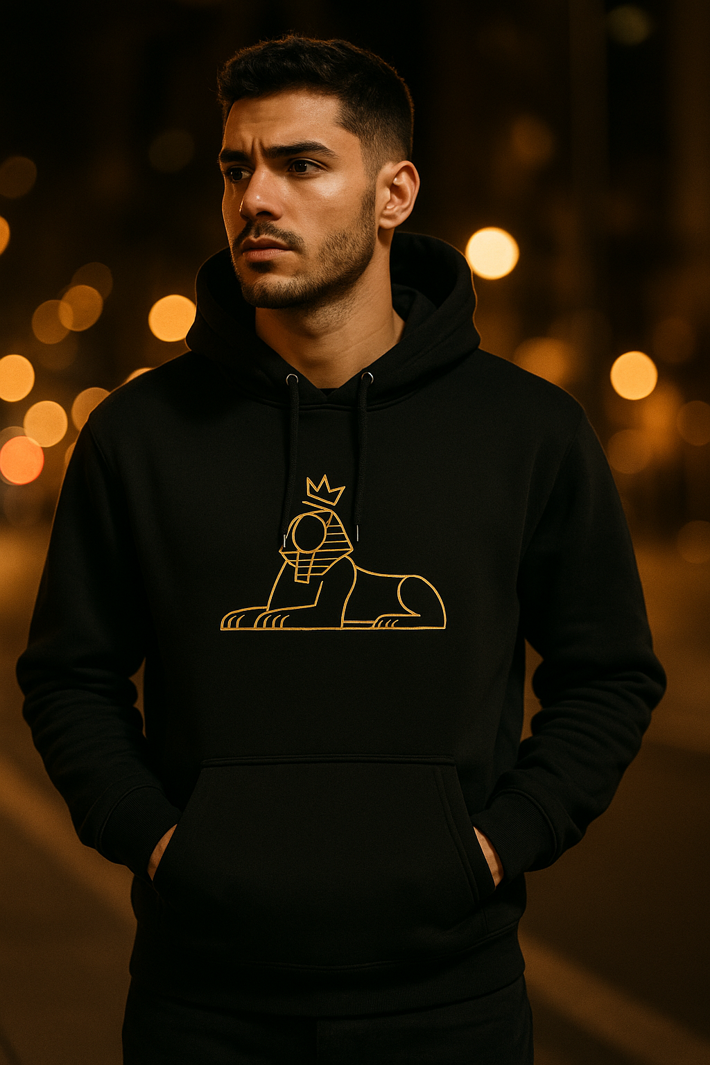 BLACK MAJIC Crown Hoodie worn at night in the city