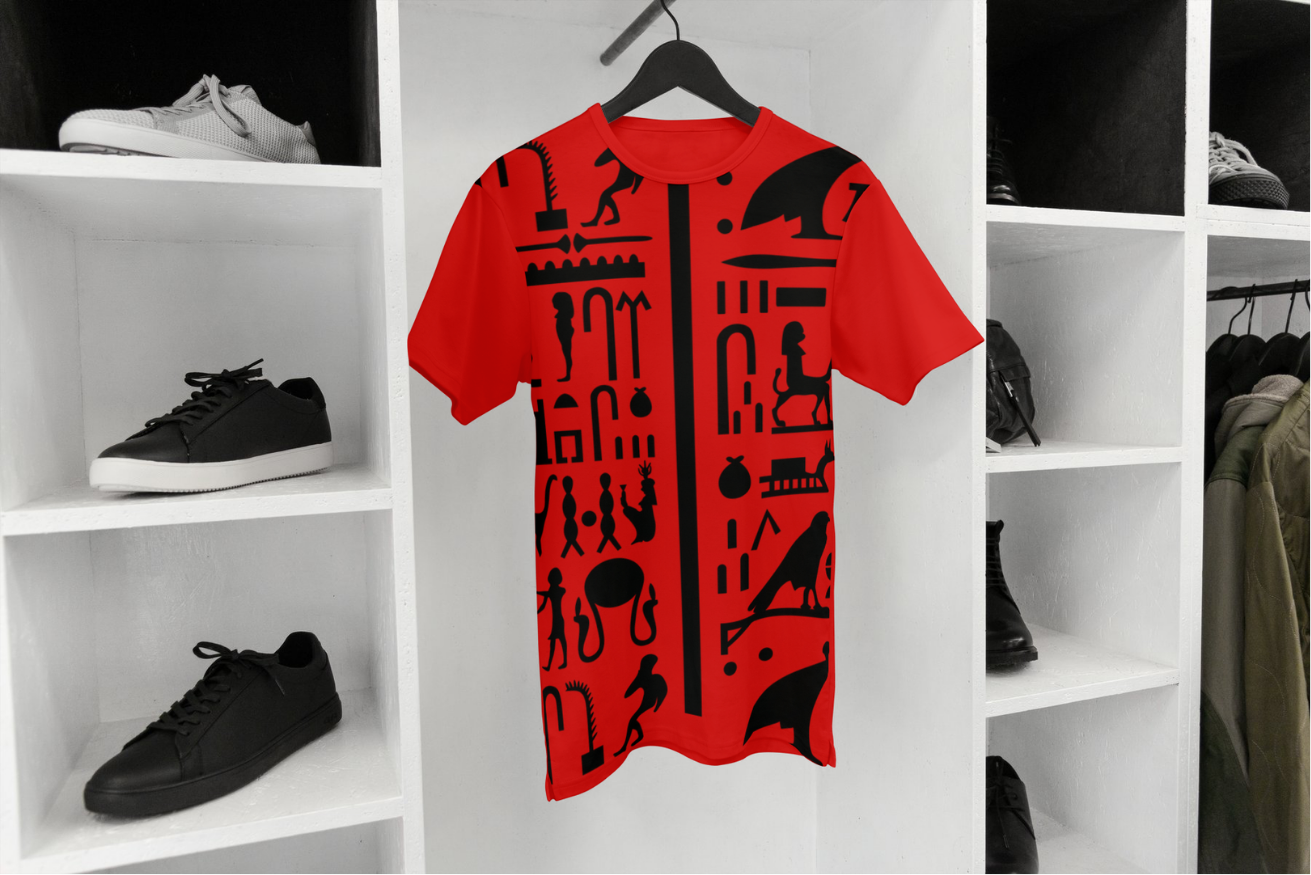 Hieroglyph Panel Tee in Red