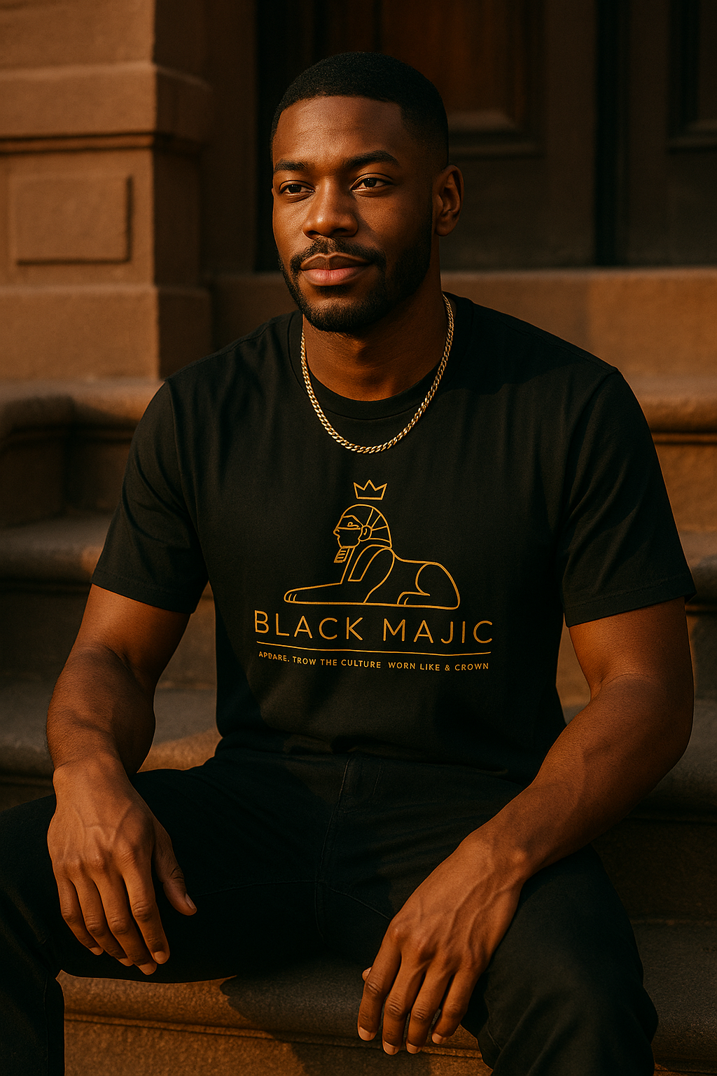 The OG Tee worn on a brownstone stoop