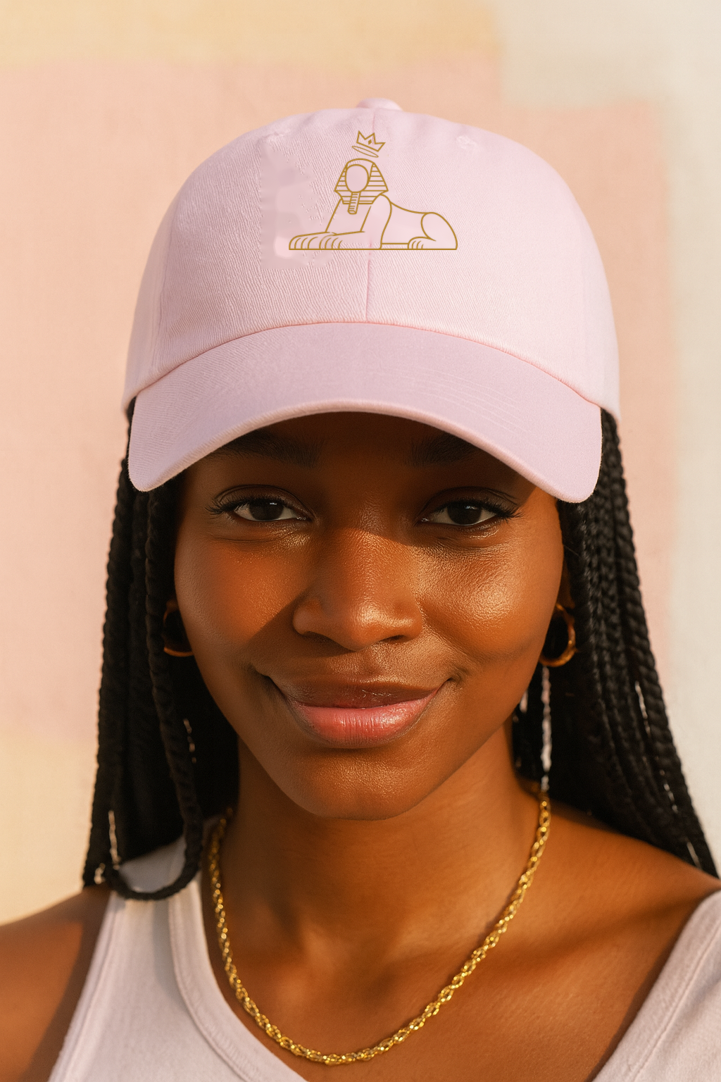 Black woman wearing the BLACK MAJIC Crown Dad Cap in Light Pink, gold embroidered sphinx