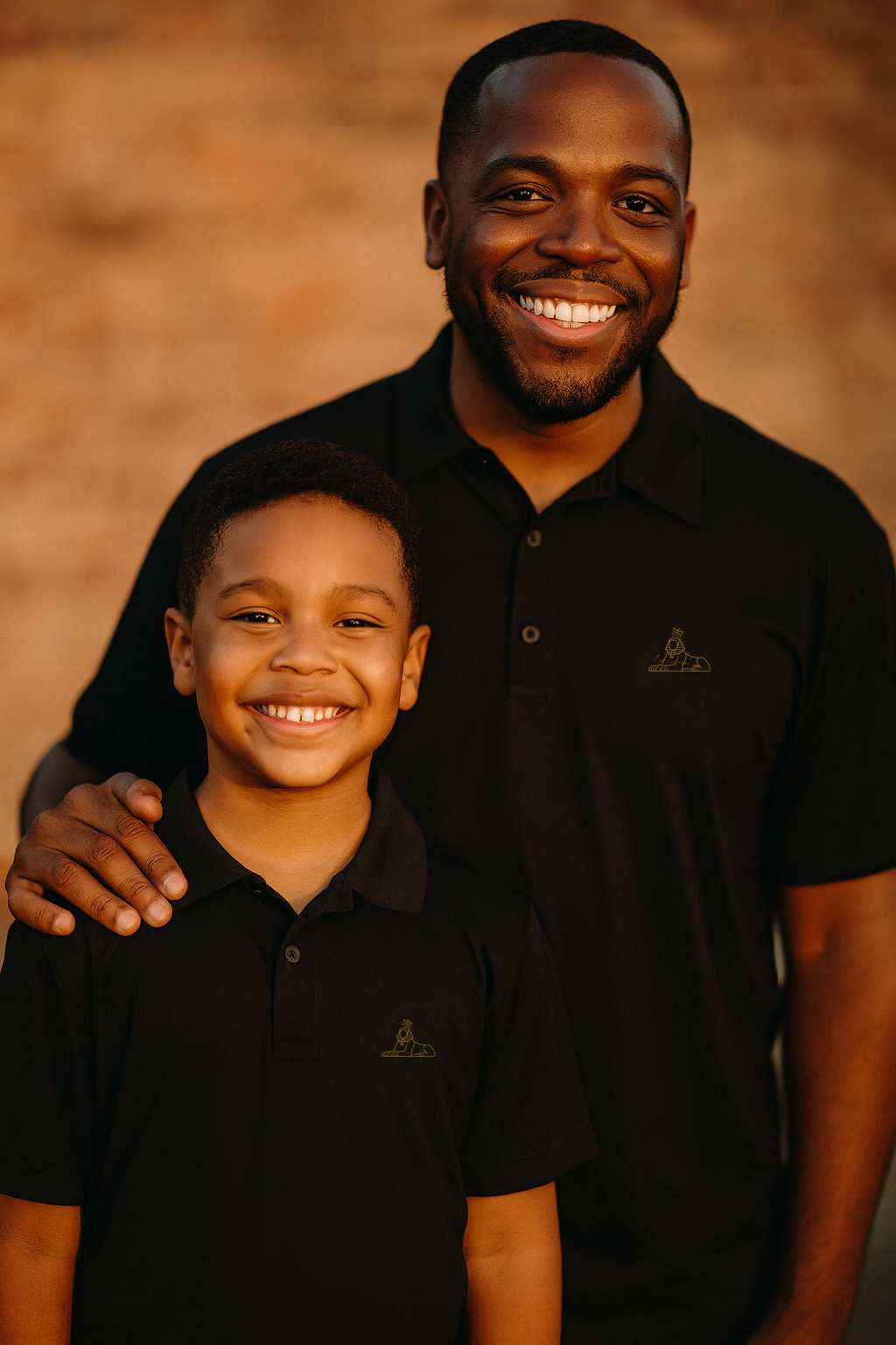 Father and son in matching BLACK MAJIC Crown Polos