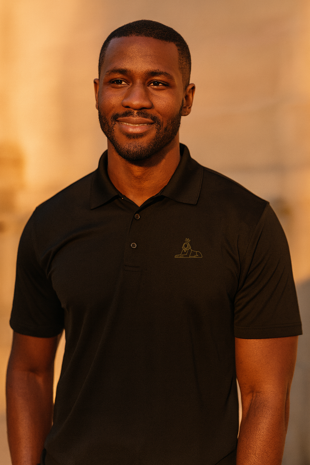 BLACK MAJIC Adult Crown Polo — gold crowned Sphinx crest, worn
