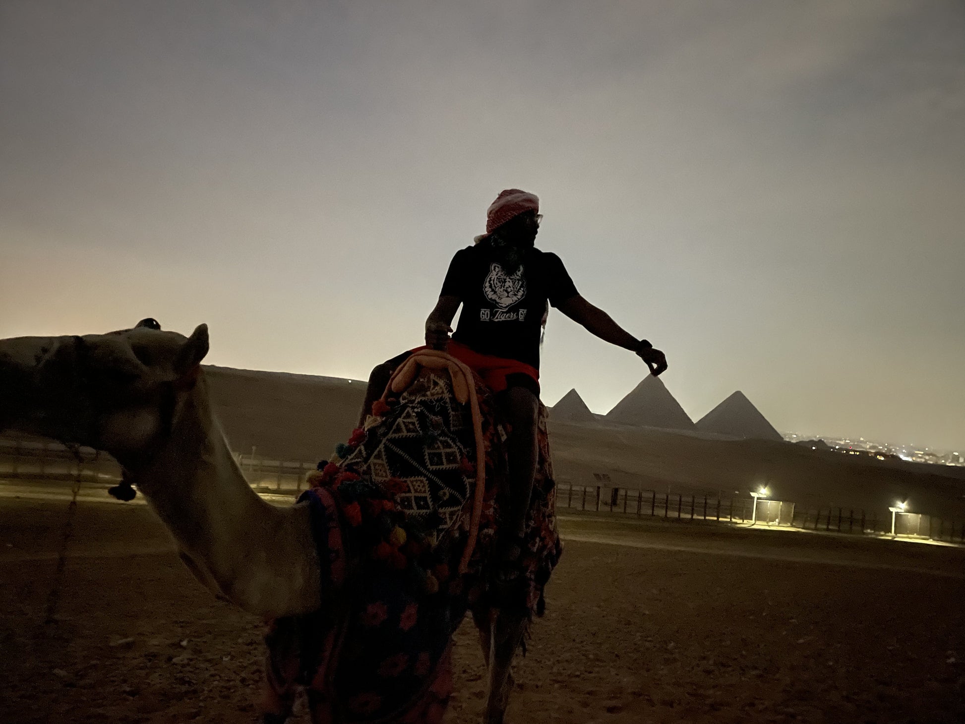 Velvet Ritual Pyramid Rider graphic — riding a camel past the pyramids with Cairo lights at night