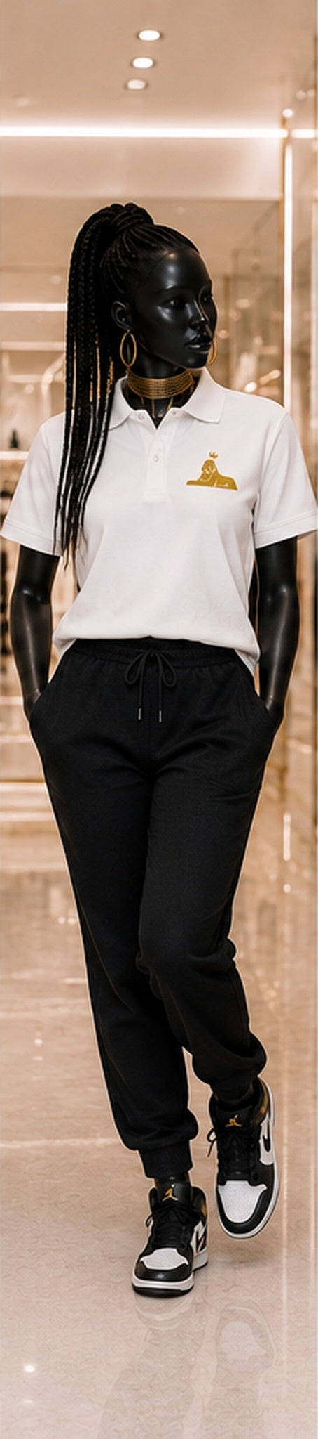 Black woman wearing the BLACK MAJIC Women's Crown Polo in White, gold embroidered crowned Sphinx at the left chest